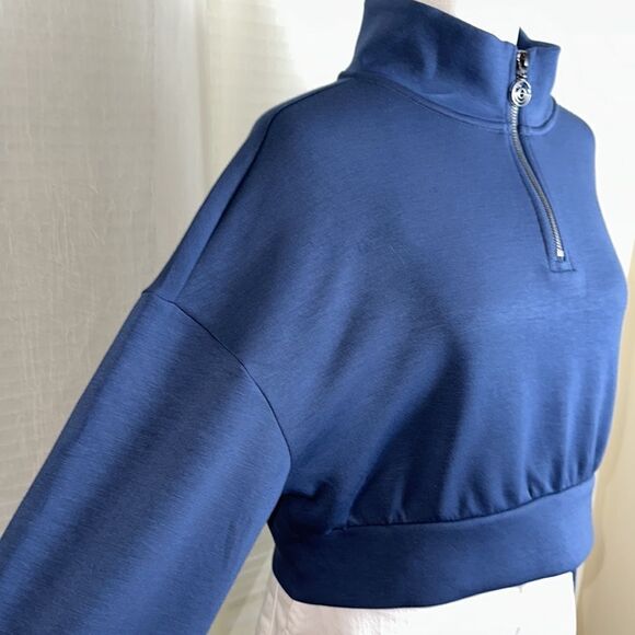 GILLY HICKS M Indigo Blue Quarter Zip Cropped Boxy Fit Pullover Sweatshirt - Picture 3 of 13